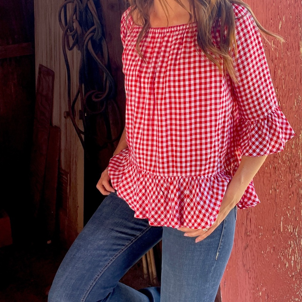 Red Gingham Ruffle Sleeve Top